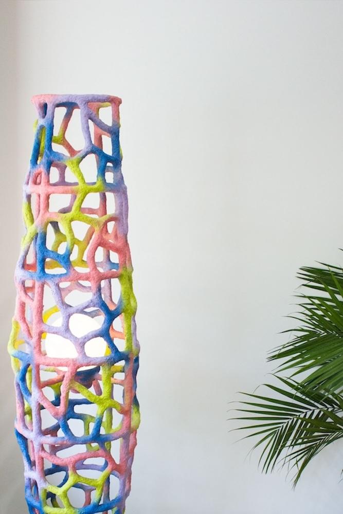 Multicolored 6-foot tall paper mache lamp and palm tree